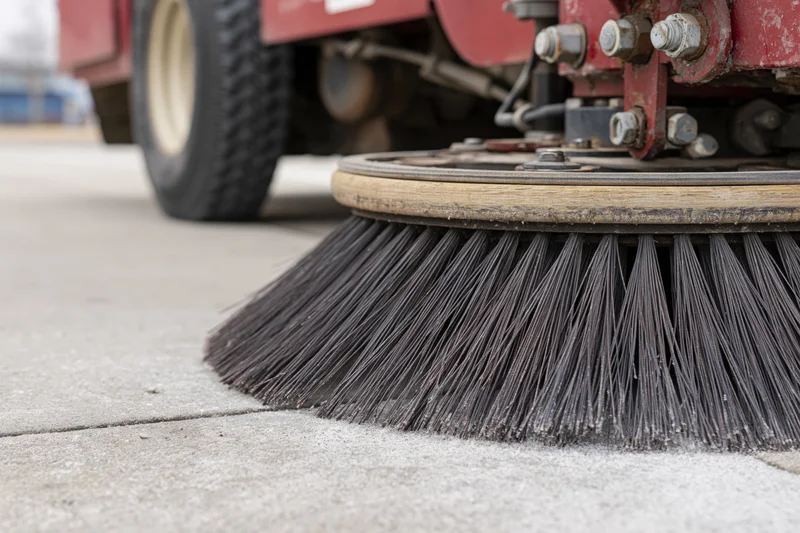 Close-up of circular brush on street sweeper machine cleaning pavement