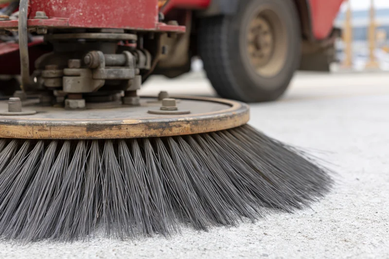 Closeup of large circular brush assembly on street sweeper machine cleaning pavement