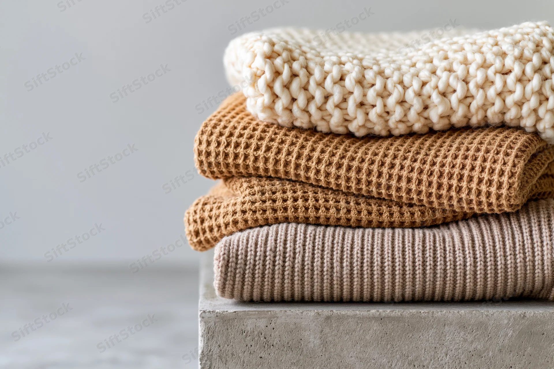 Stack of folded knit sweaters in neutral tones on concrete surface