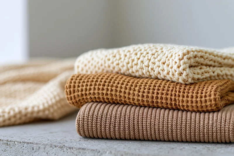 Three folded knit sweaters stacked on a concrete surface