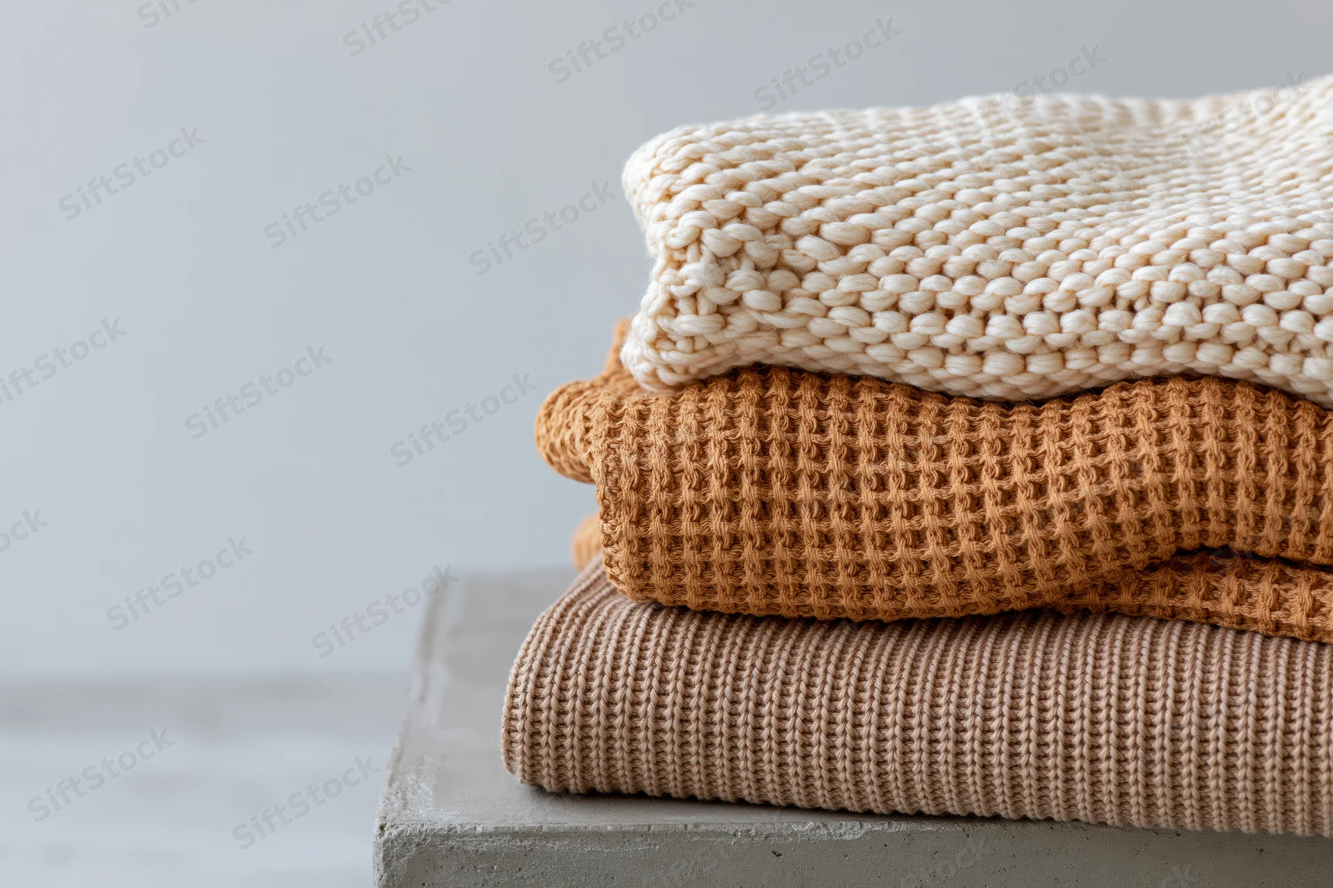 Three folded knit sweaters stacked on a concrete surface