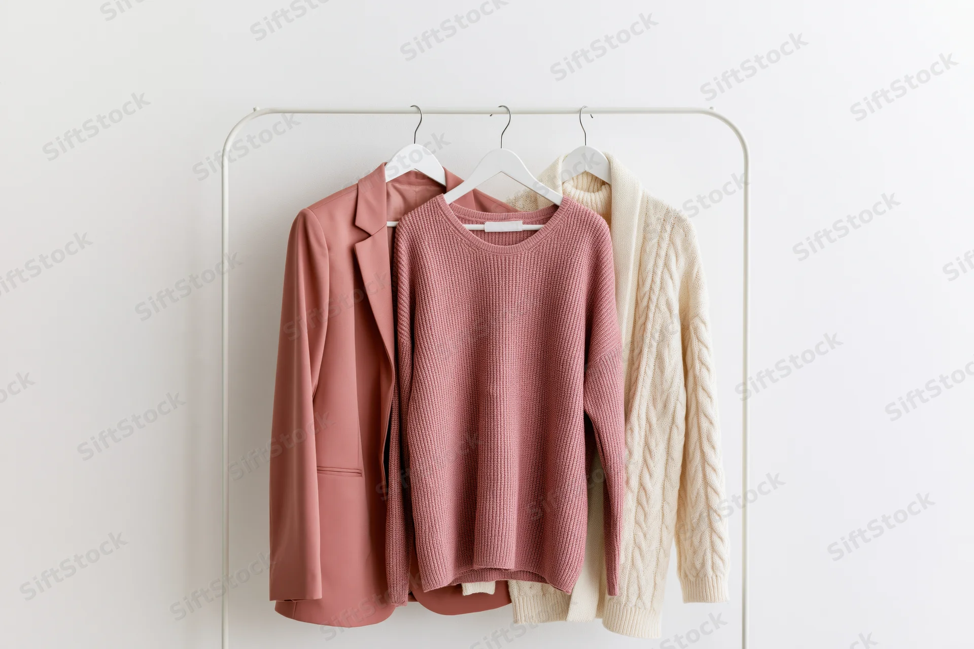 Three women's garments hanging on a white rack against a plain wall