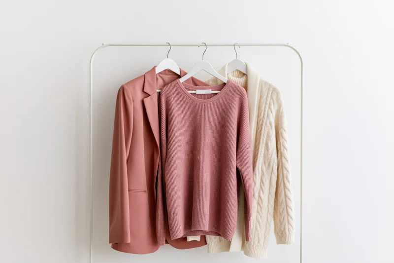 Three women's garments hanging on a white rack against a plain wall