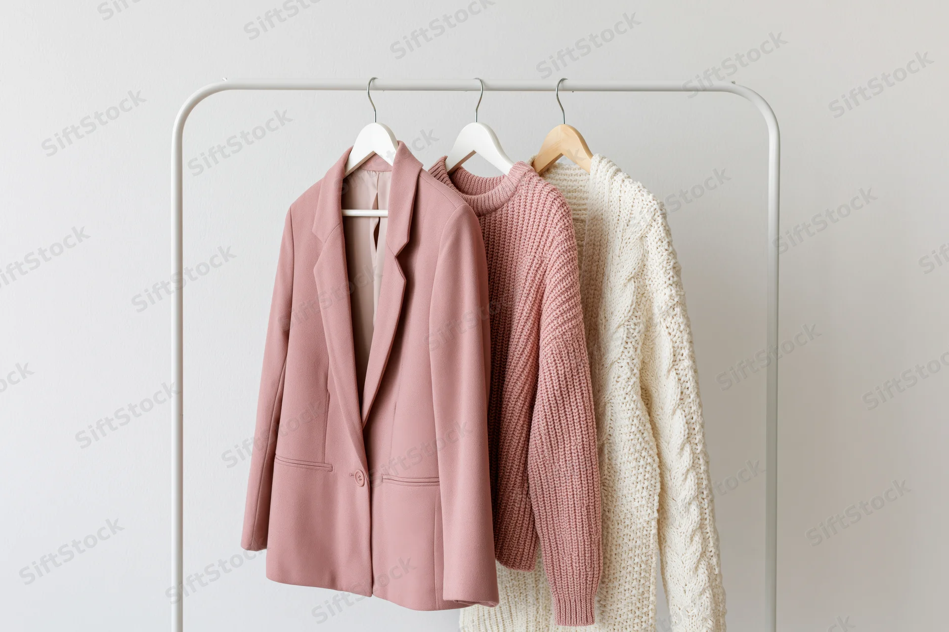 Three women's garments including a pink blazer and sweaters hanging on a white rack against a plain wall