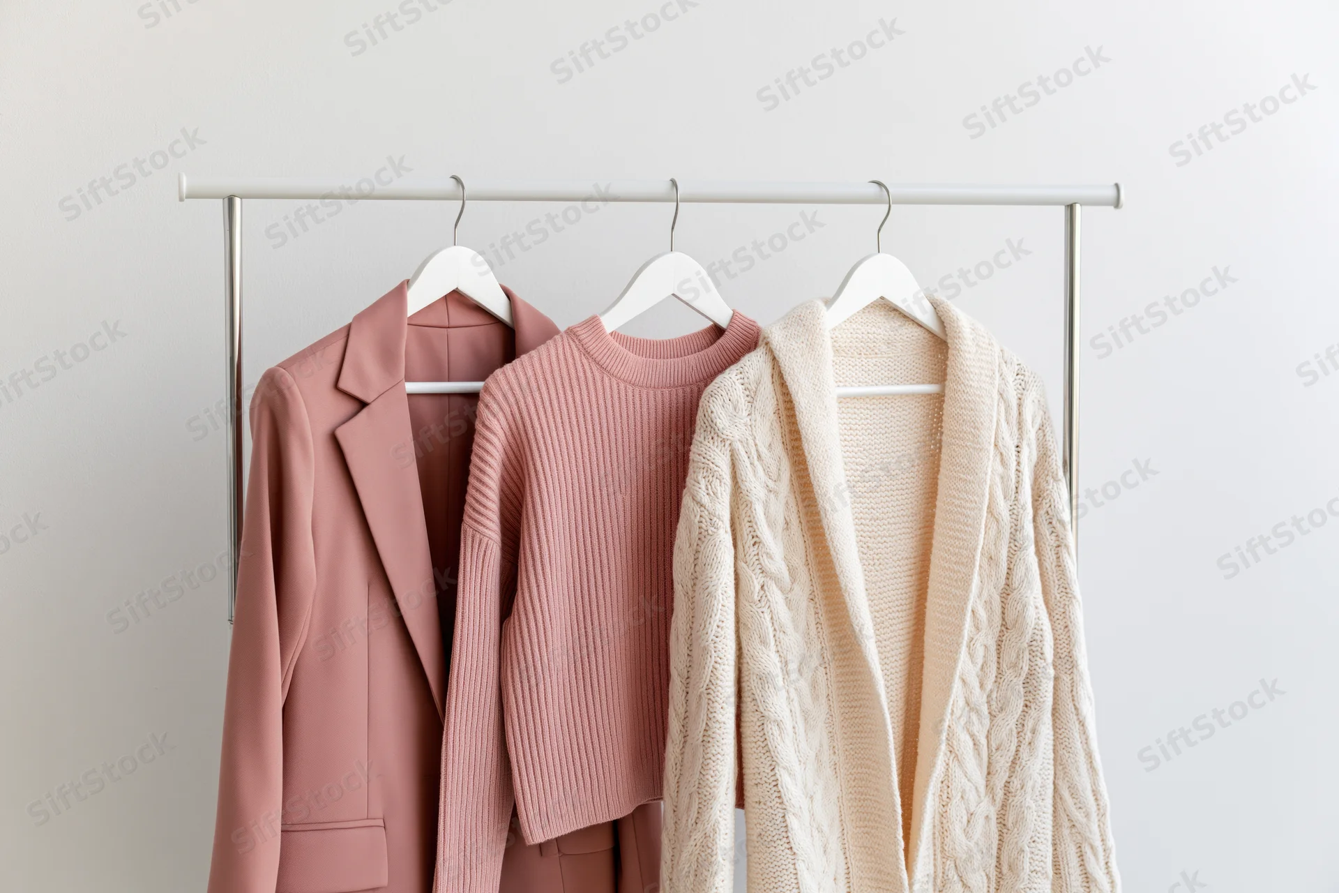 Three women's garments hanging on a white rack against a plain wall