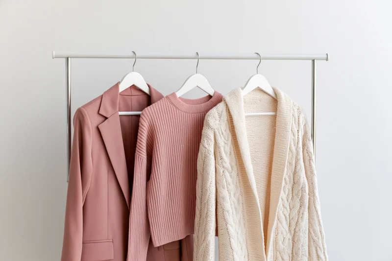 Three women's garments hanging on a white rack against a plain wall