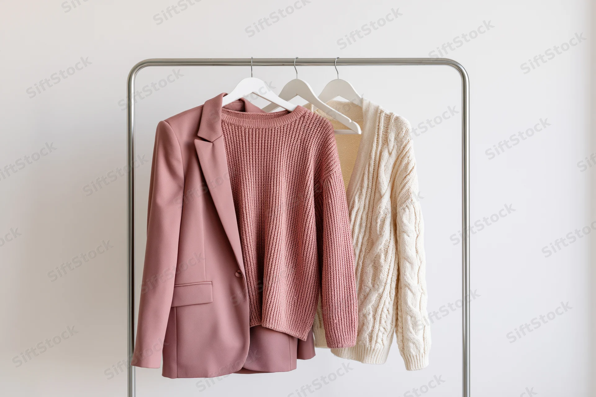 Three women's garments including a pink blazer and sweaters hanging on a metal rack against a white wall