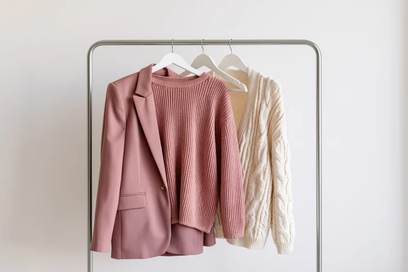 Three women's garments including a pink blazer and sweaters hanging on a metal rack against a white wall