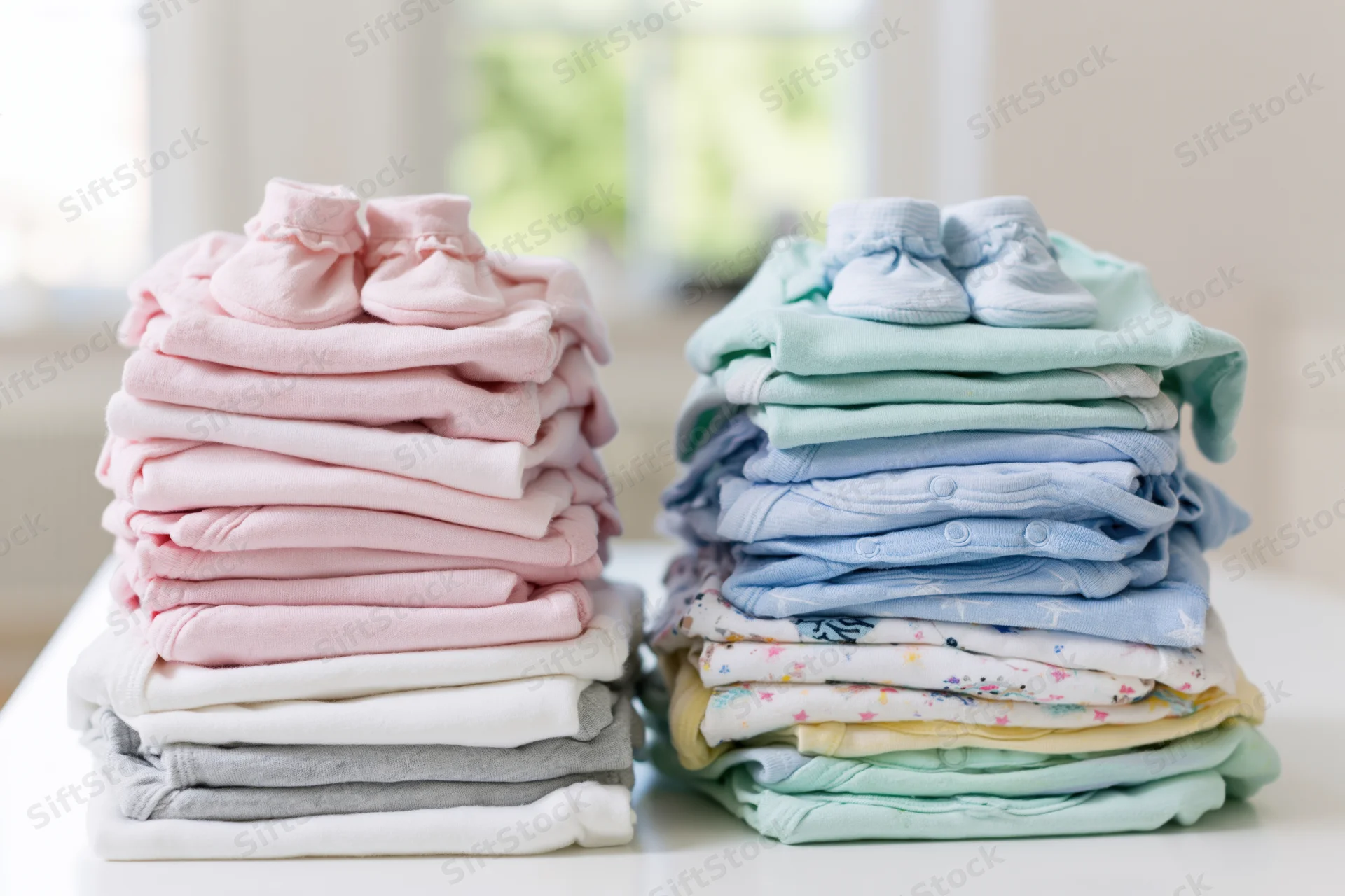 Two stacks of folded baby clothes in pink and blue on a white surface