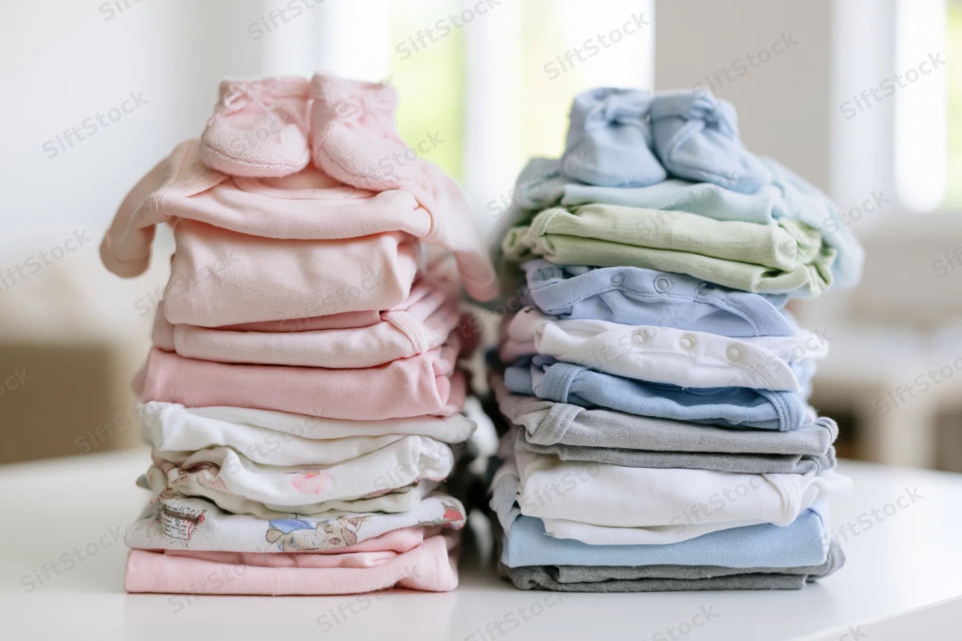 Two stacks of folded baby clothes in pink and blue on a white surface
