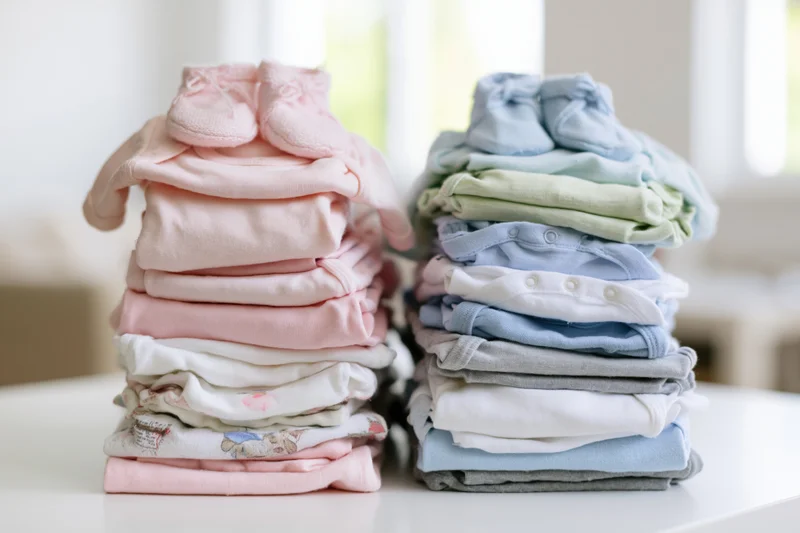 Two stacks of folded baby clothes in pink and blue on a white surface