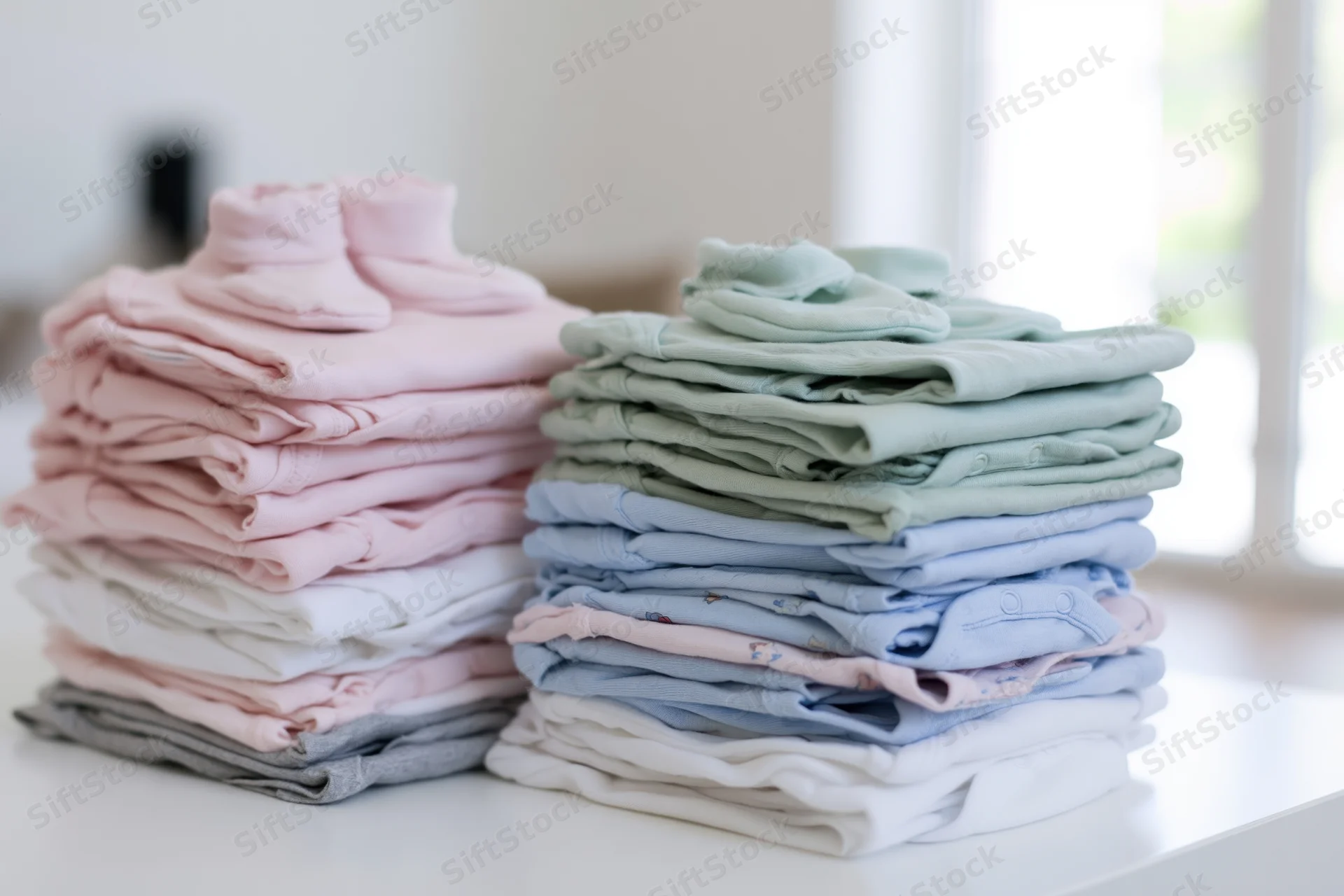Two stacks of folded baby clothes in pastel colors on a white surface