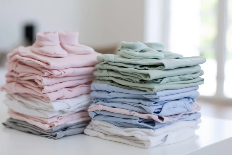 Two stacks of folded baby clothes in pastel colors on a white surface