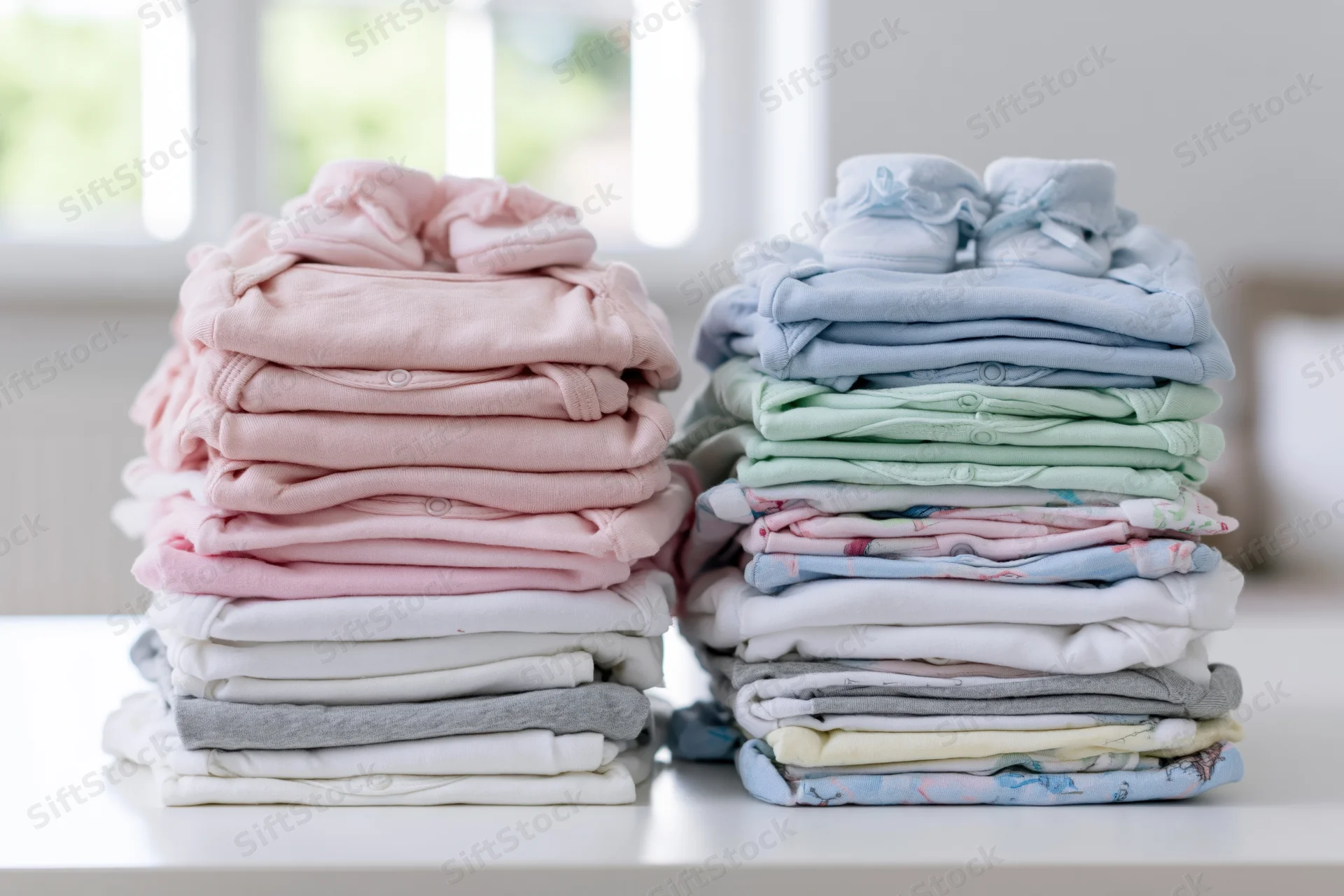 Two stacks of folded baby clothes in pink and blue on a white table near a window