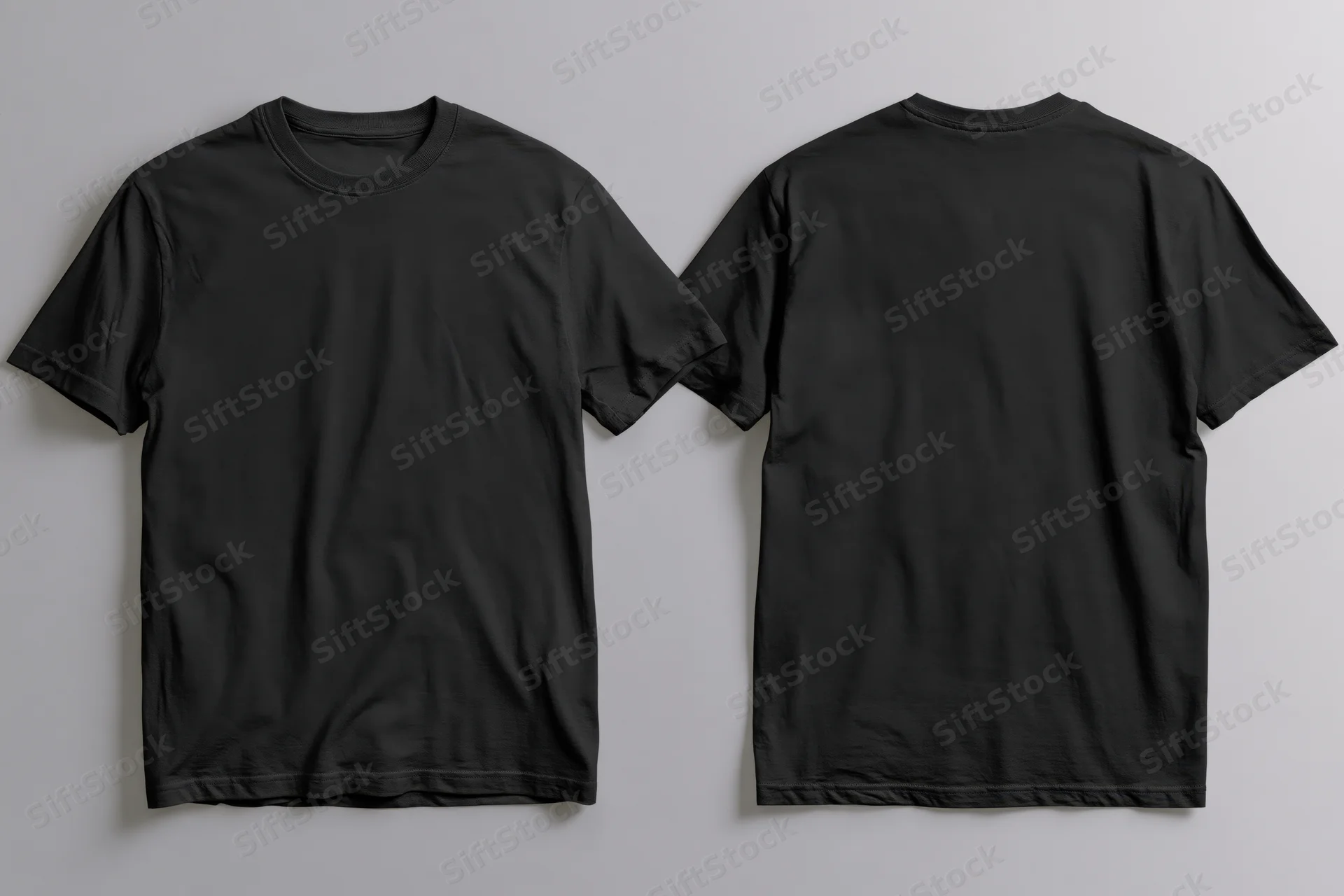 Two plain black cotton crew-neck t-shirts displayed flat on white background, front and back view