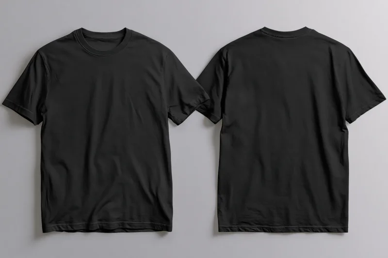 Two plain black cotton crew-neck t-shirts displayed flat on white background, front and back view
