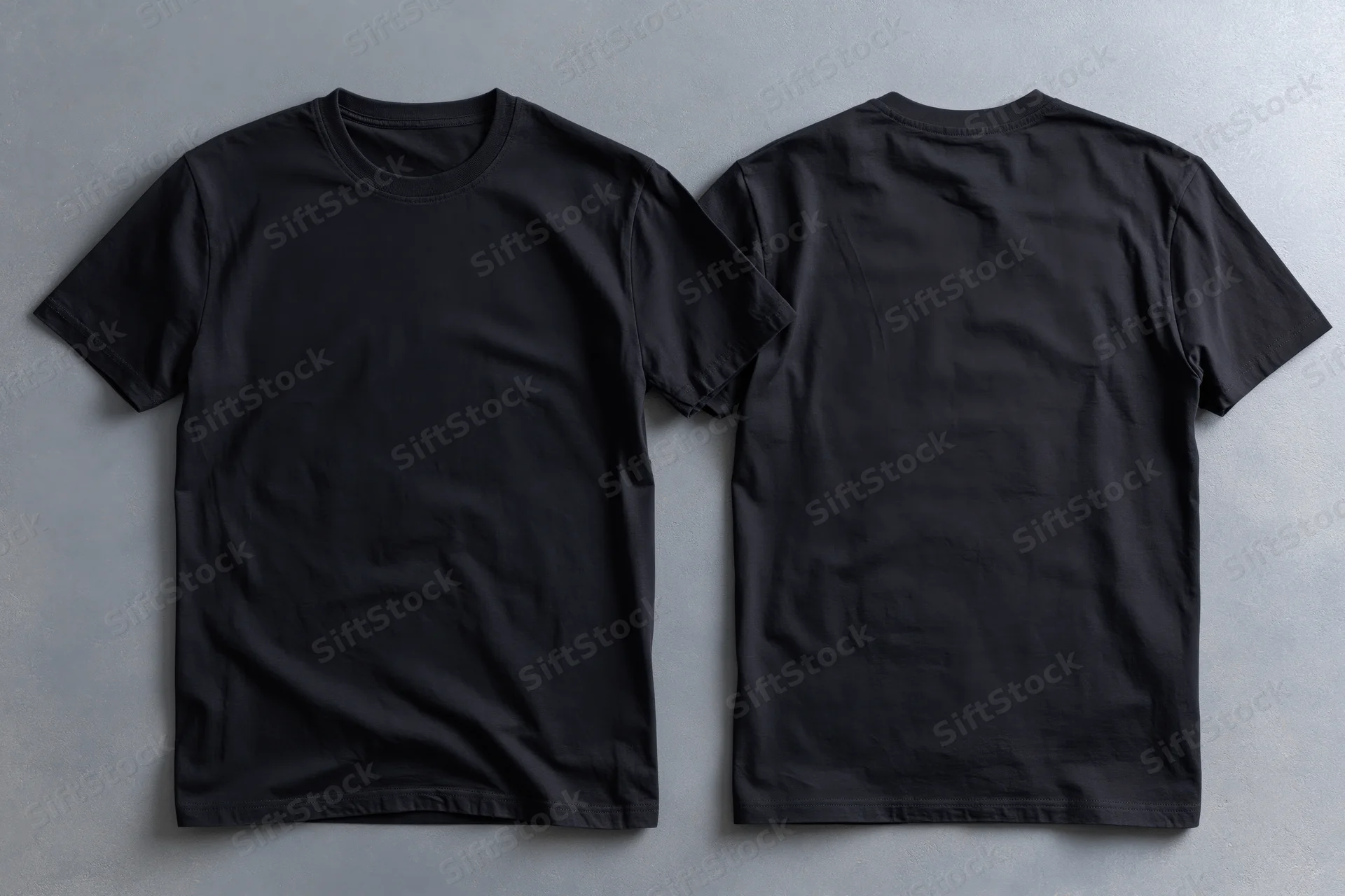 Two plain black cotton crew-neck t-shirts laid flat on gray surface for design mockup