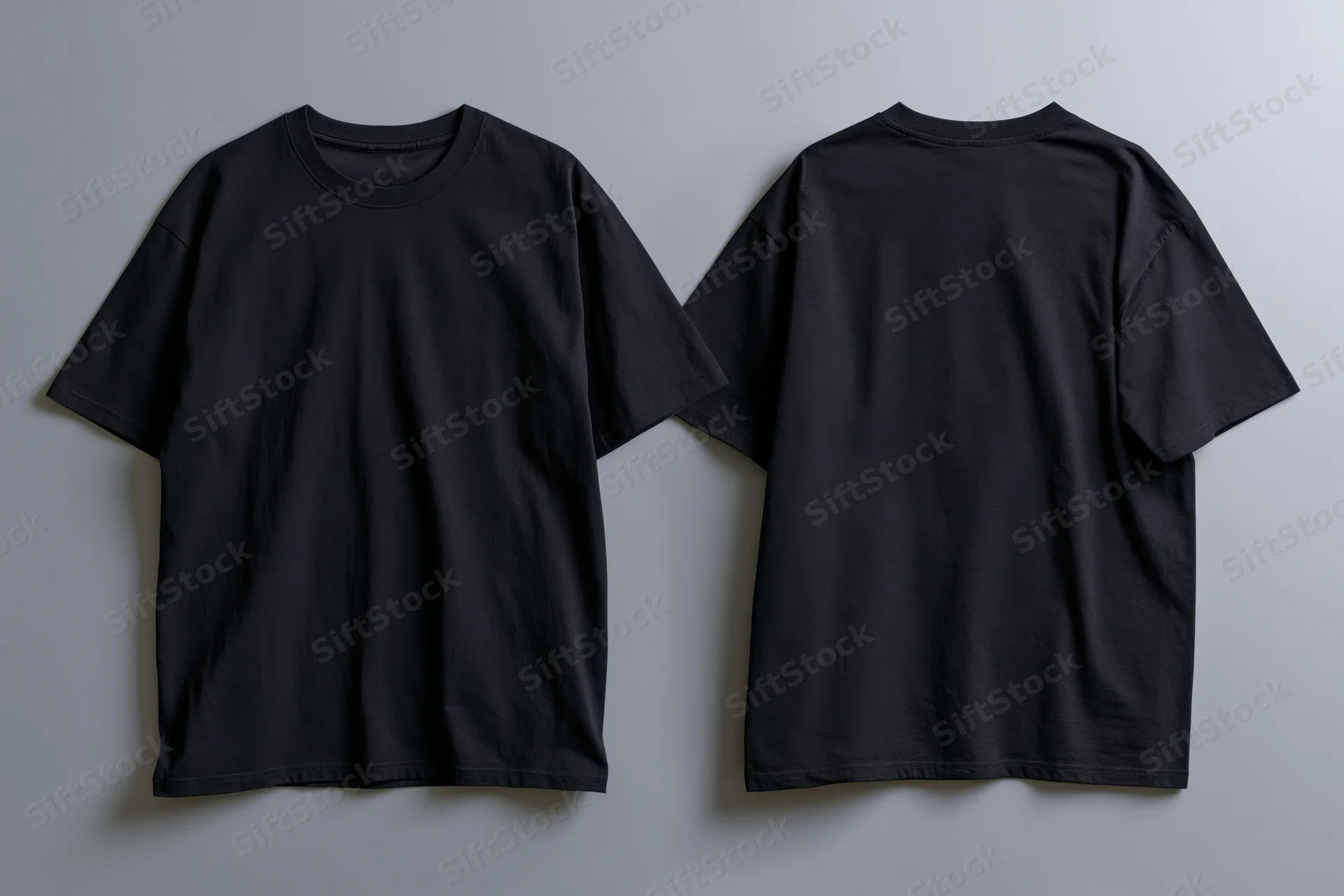 Two plain black cotton crew-neck t-shirts displayed flat on a neutral background, front and back views