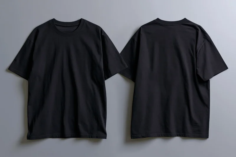 Two plain black cotton crew-neck t-shirts displayed flat on a neutral background, front and back views
