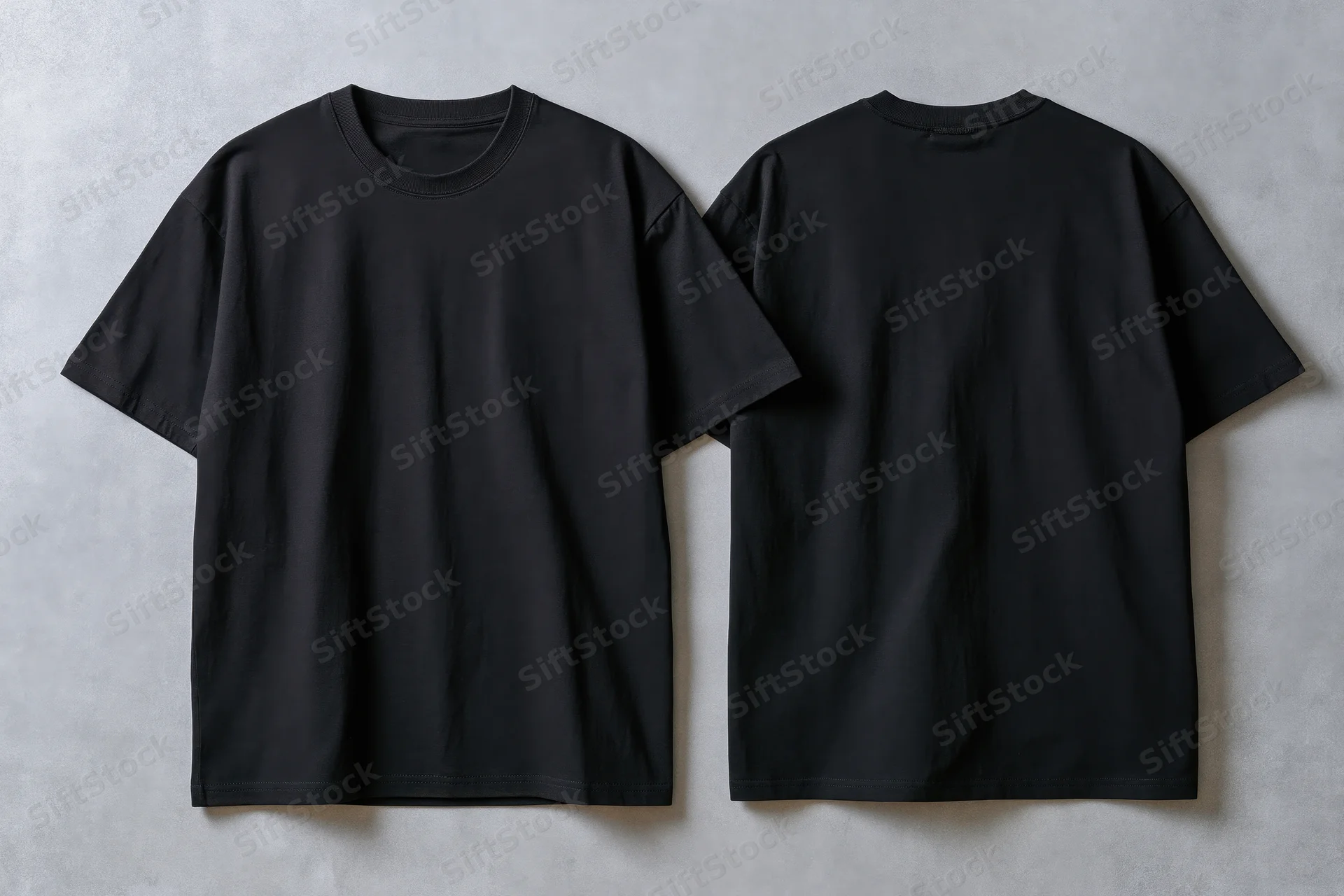 Two plain black cotton crew-neck t-shirts laid flat on a gray textured surface