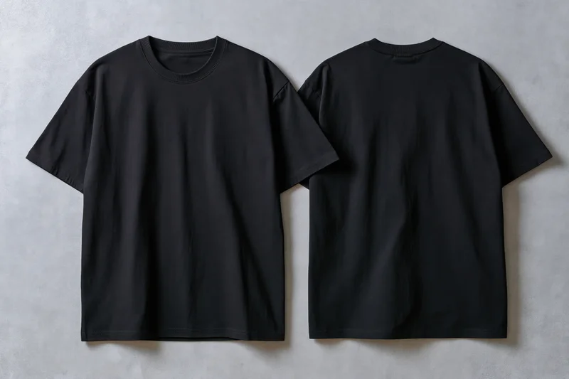 Two plain black cotton crew-neck t-shirts laid flat on a gray textured surface