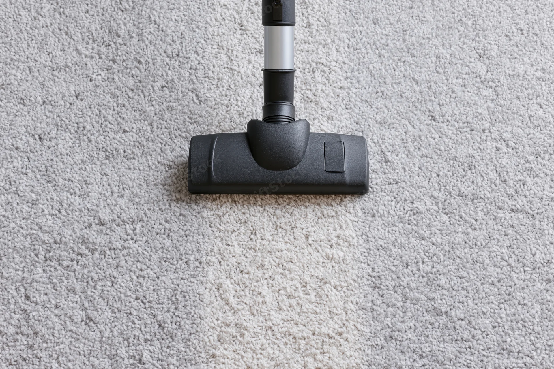 Vacuum cleaner head moving across light gray carpet in home interior