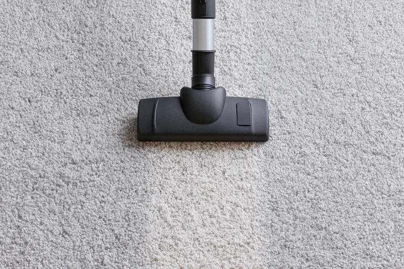 Vacuum cleaner head moving across light gray carpet in home interior