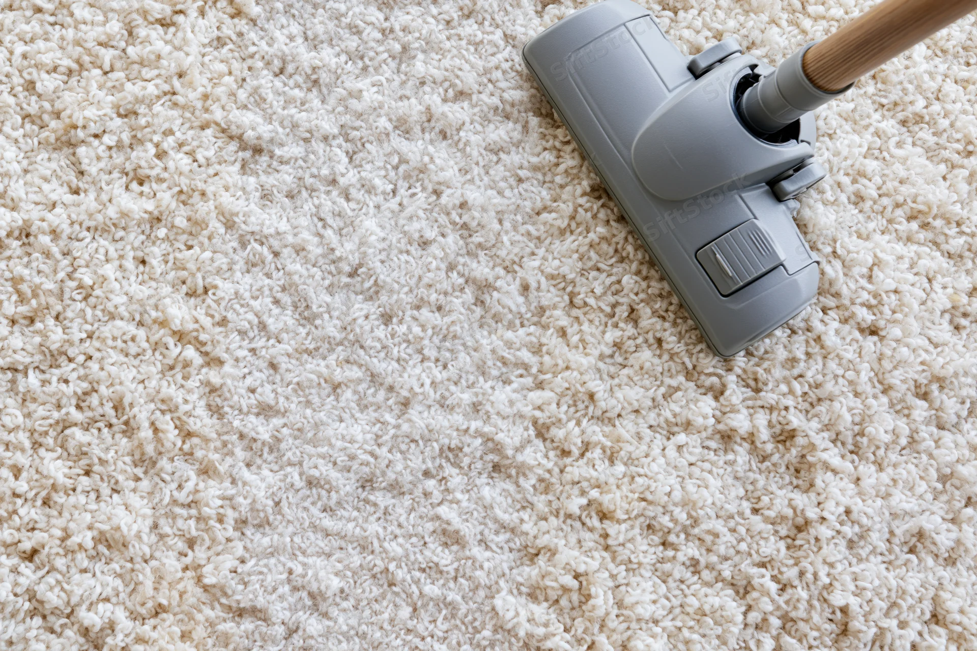 Vacuum cleaner head on thick cream shaggy carpet in home interior