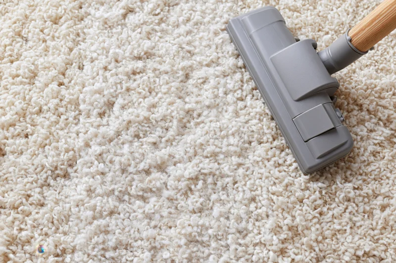 Vacuum cleaner head moving across thick cream shaggy carpet