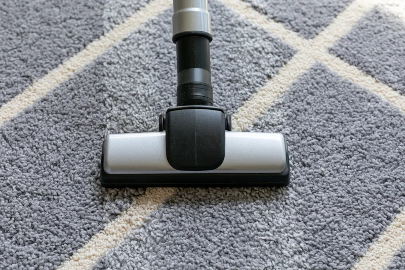 Vacuum cleaner head gliding across a gray geometric-patterned carpet in a home interior