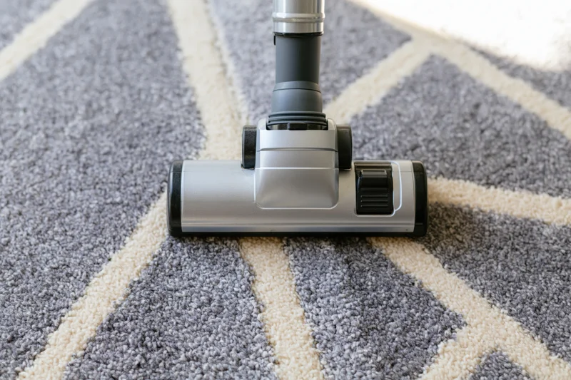 Vacuum cleaner head gliding across a gray geometric-patterned carpet