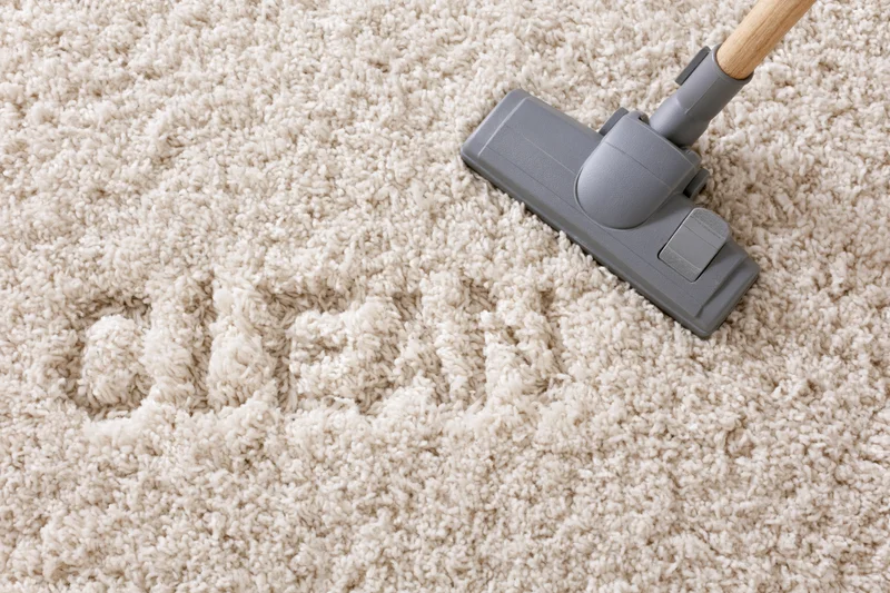 Vacuum cleaner head on beige plush carpet during cleaning process