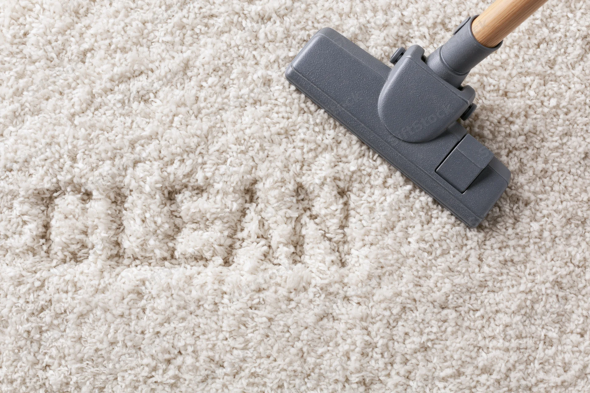 Vacuum cleaner head on beige carpet with visible cleaning path