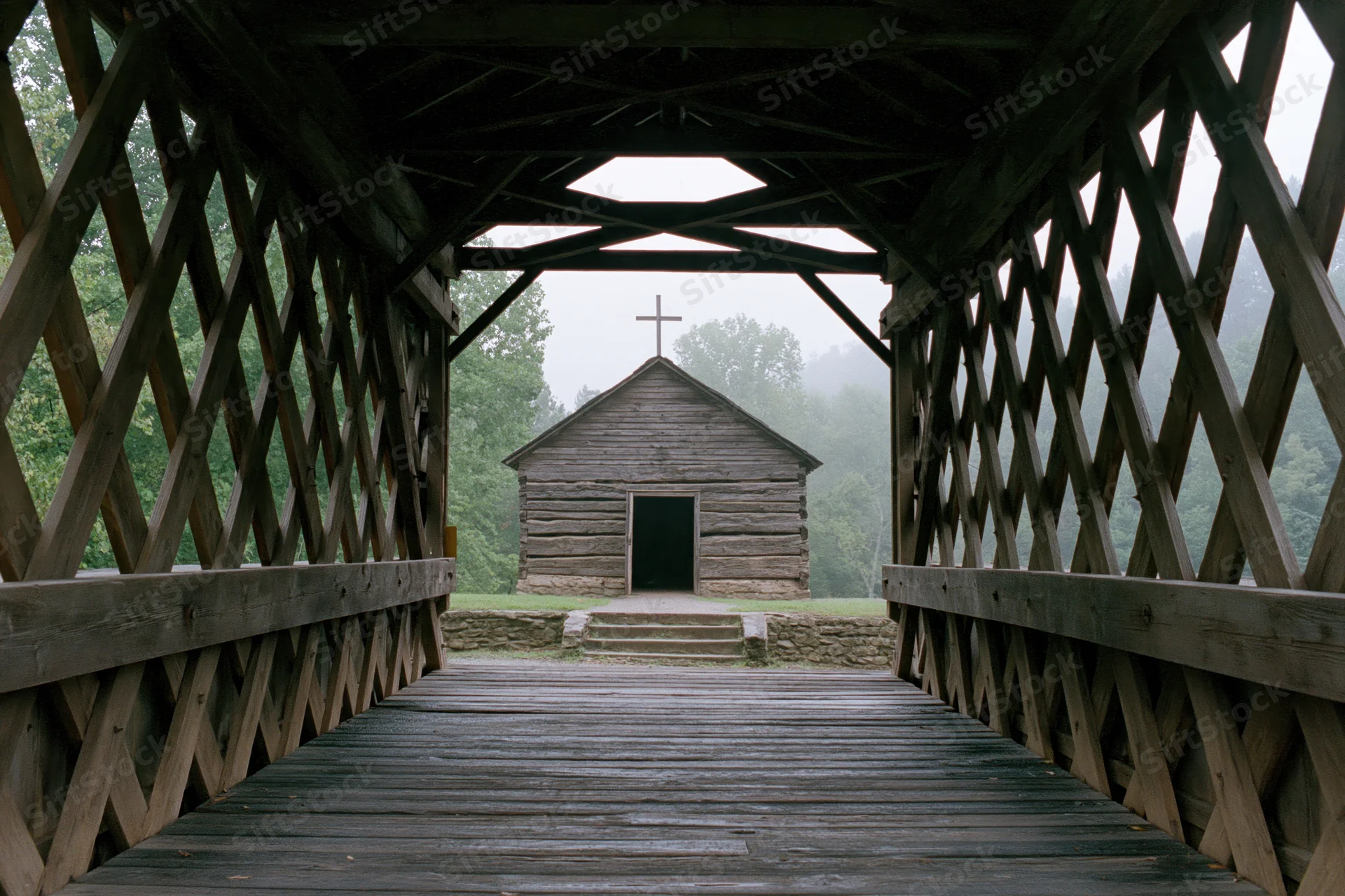 View from inside wooden covered bridge looking toward small log church with cross in misty rural landscape