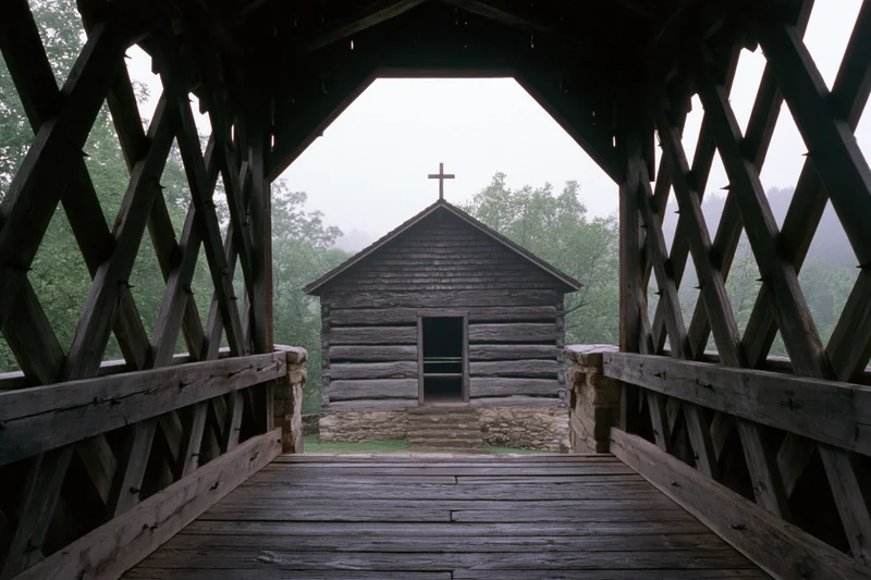 View from inside wooden covered bridge looking toward small log church with cross on roof in misty forest setting