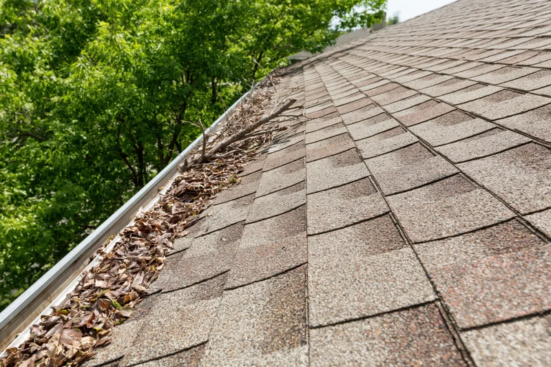 Weathered asphalt shingle roof with debris in gutter beside green trees
