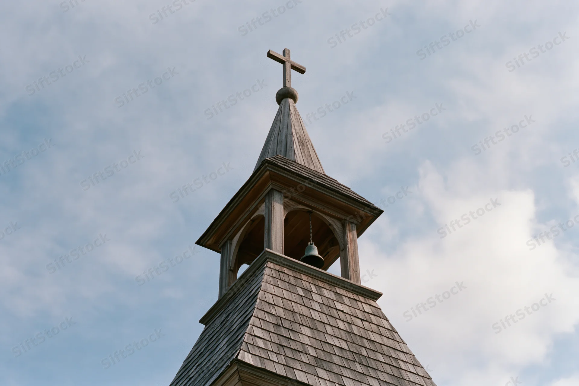 Weathered wooden church steeple with cross and bell against cloudy sky