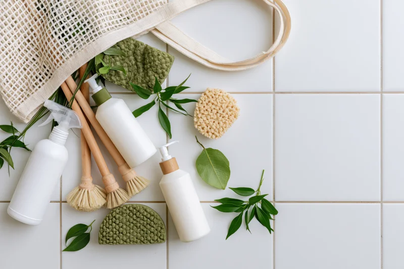 Eco-friendly cleaning supplies spilling from a mesh tote bag on white tiled floor