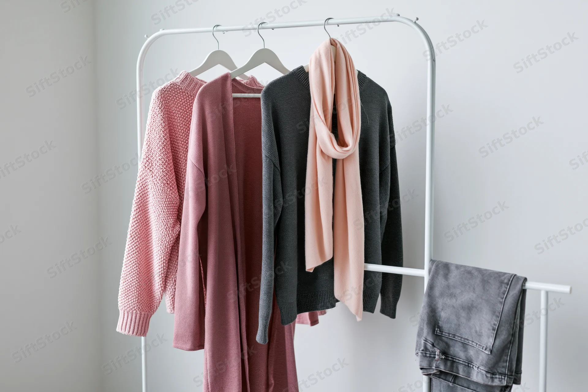Clothing rack holding sweaters, cardigan, scarf and jeans in soft pastel and neutral tones against a white wall