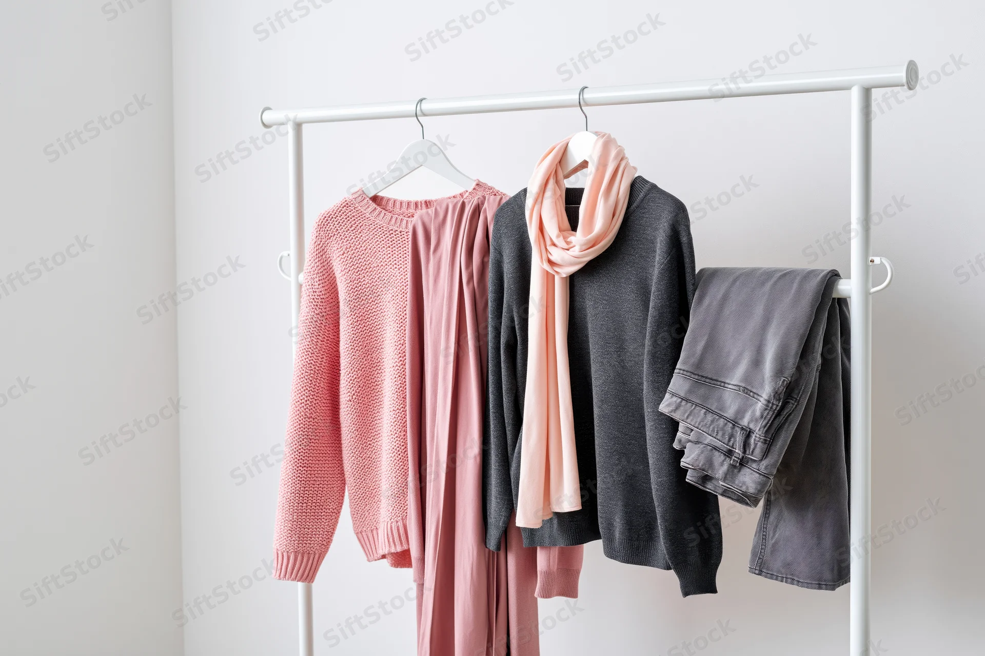 Clothing rack holding pink knit sweater, gray sweater with scarf, and folded jeans against white wall