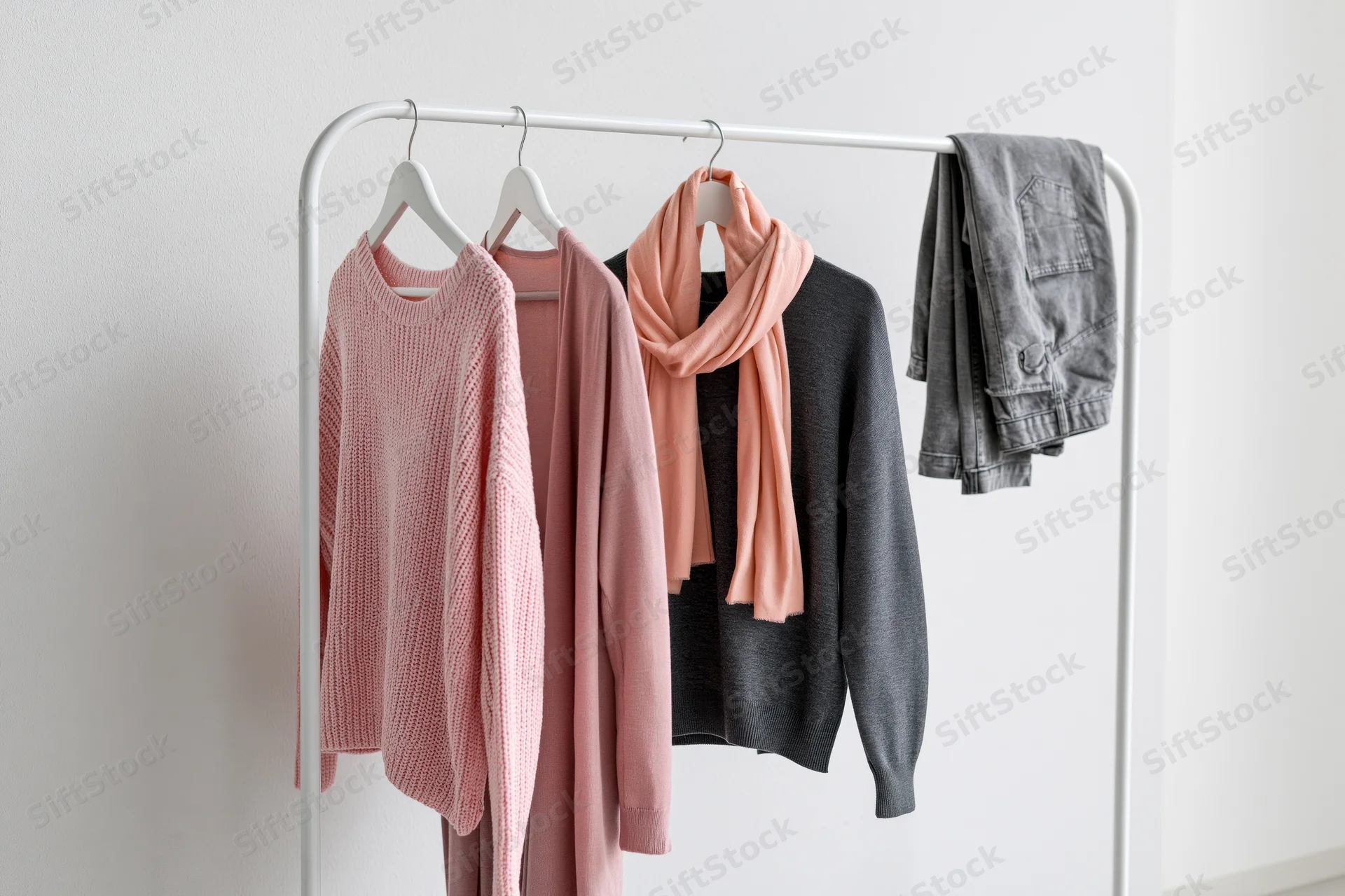 Clothing rack holding pink knit sweater, scarf, cardigan and jeans against white wall