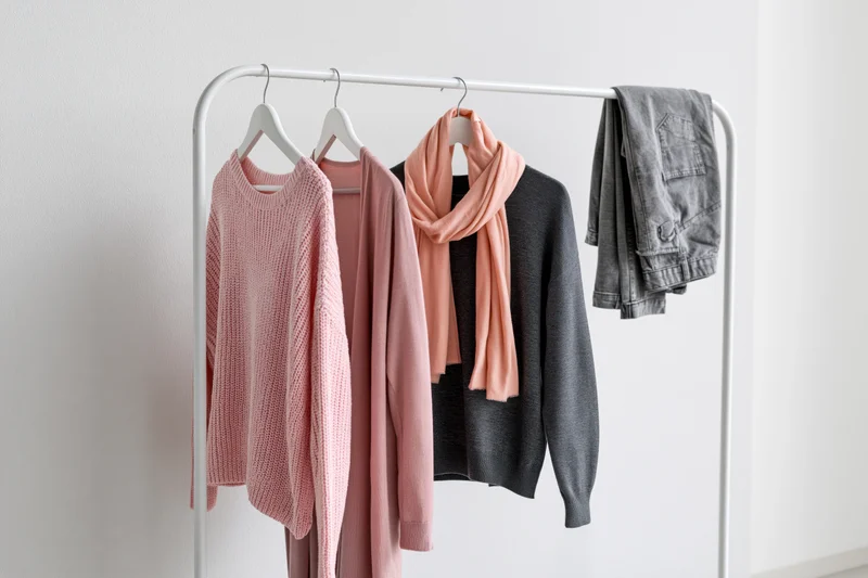 Clothing rack holding pink knit sweater, scarf, cardigan and jeans against white wall