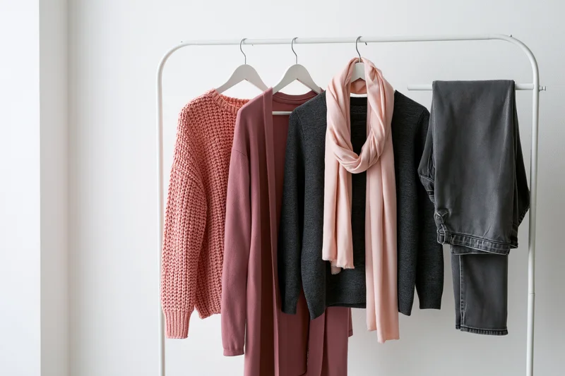 Clothing rack holding knit sweater, cardigan, scarf and jeans in soft autumn colors against white wall