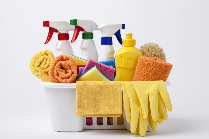 White plastic caddy filled with colorful cleaning supplies including spray bottles, sponges, cloths and gloves