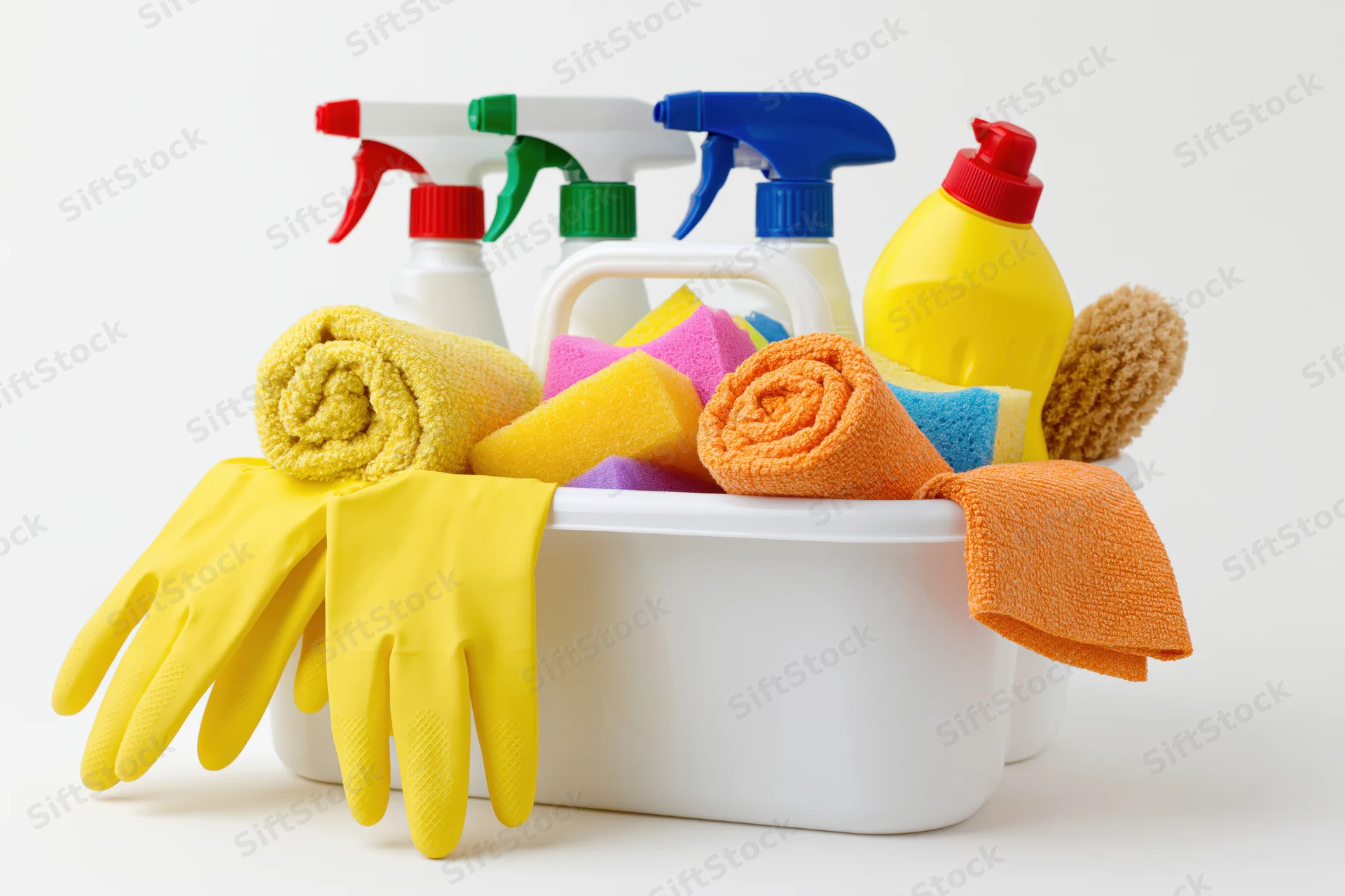 White plastic caddy filled with colorful cleaning supplies including spray bottles, gloves, sponges and towels
