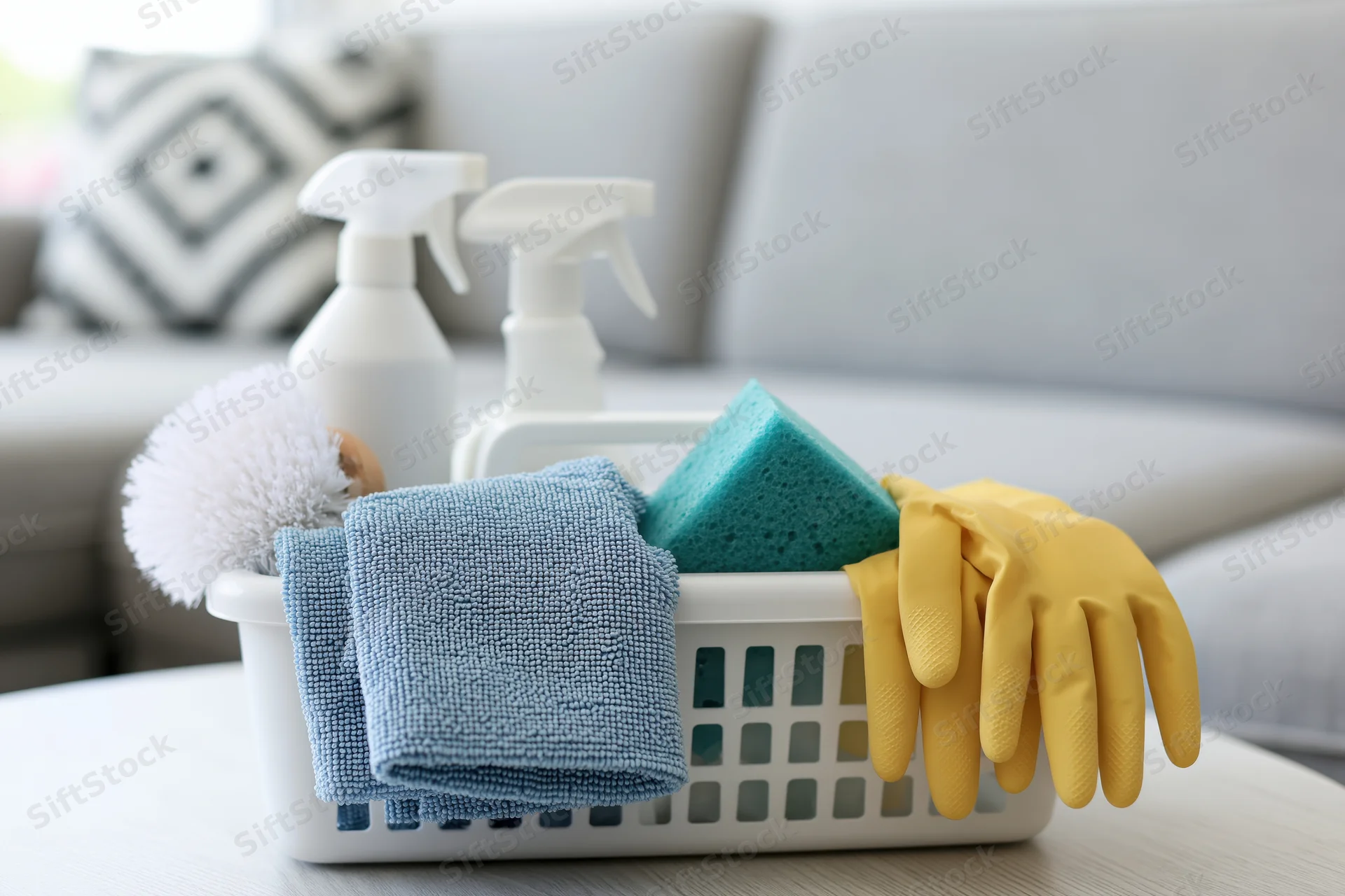 White plastic basket filled with cleaning supplies on a table in a living room