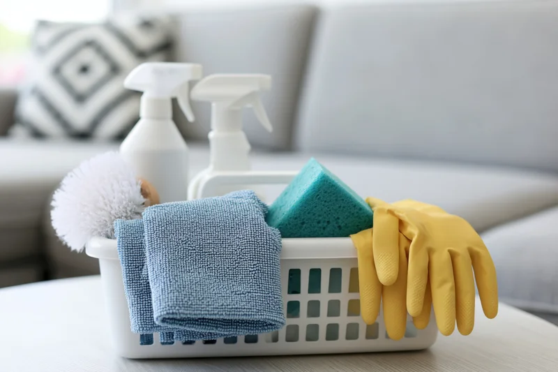 White plastic basket filled with cleaning supplies on a table in a living room