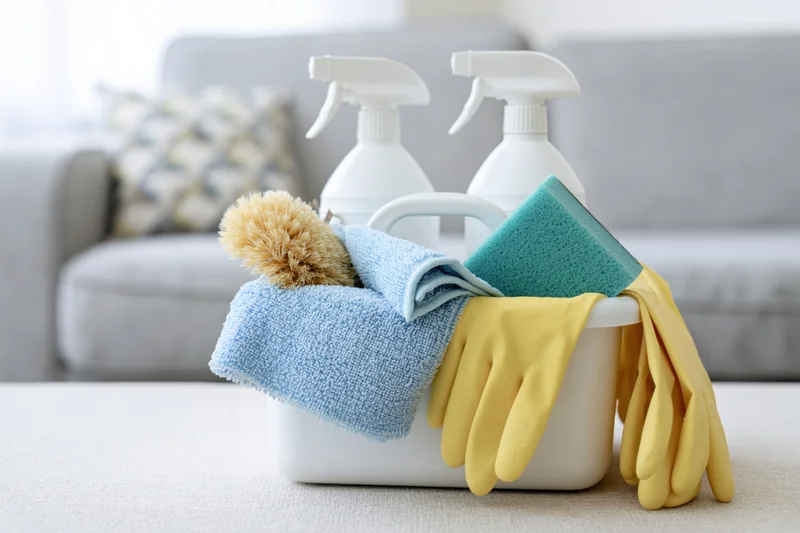 White plastic caddy filled with cleaning supplies on carpeted floor in front of sofa