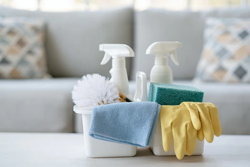 White plastic caddy holding cleaning supplies on a table in front of a sofa