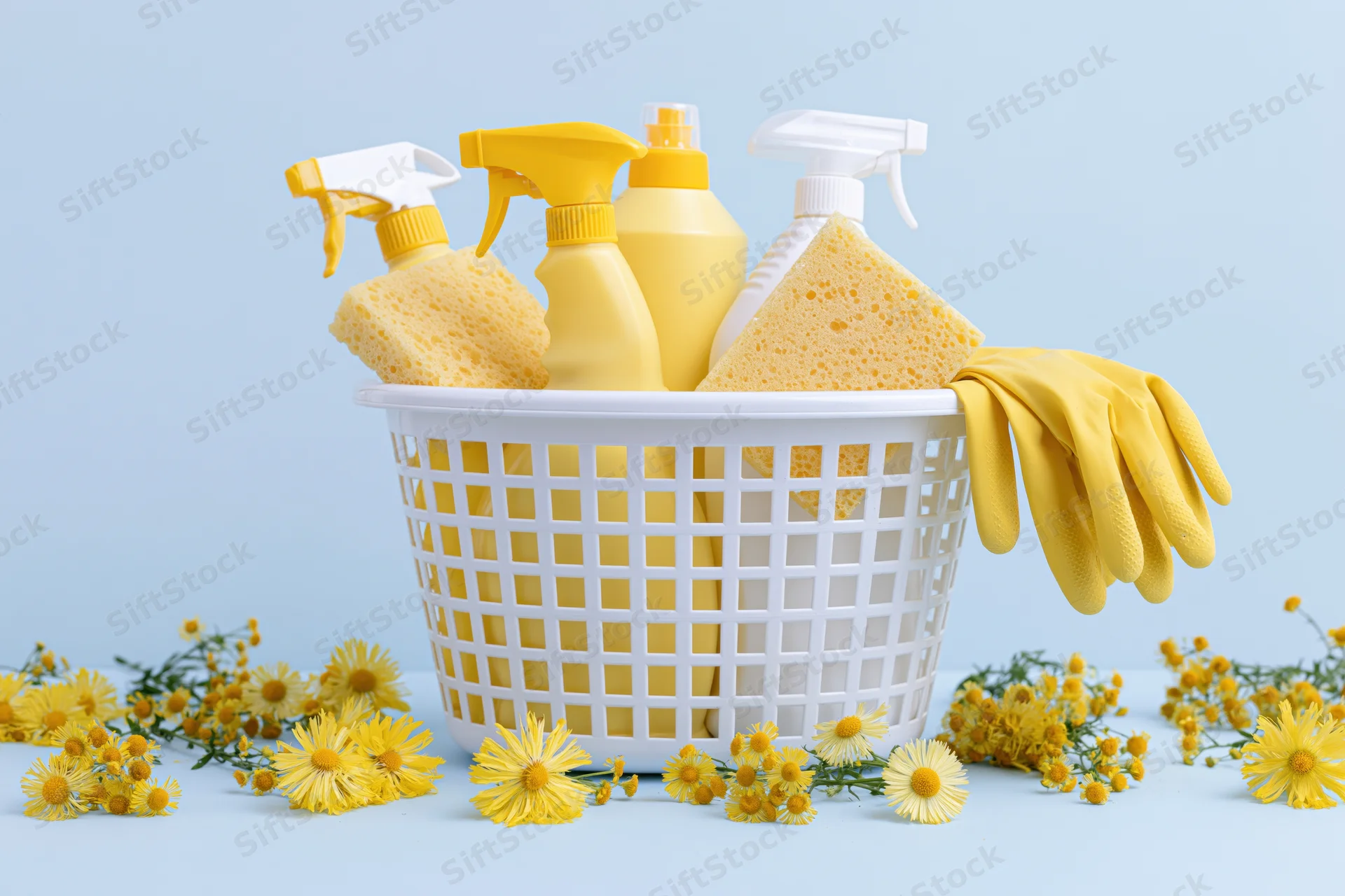 White plastic basket filled with yellow cleaning spray bottles and sponges, surrounded by yellow flowers on a light blue surface